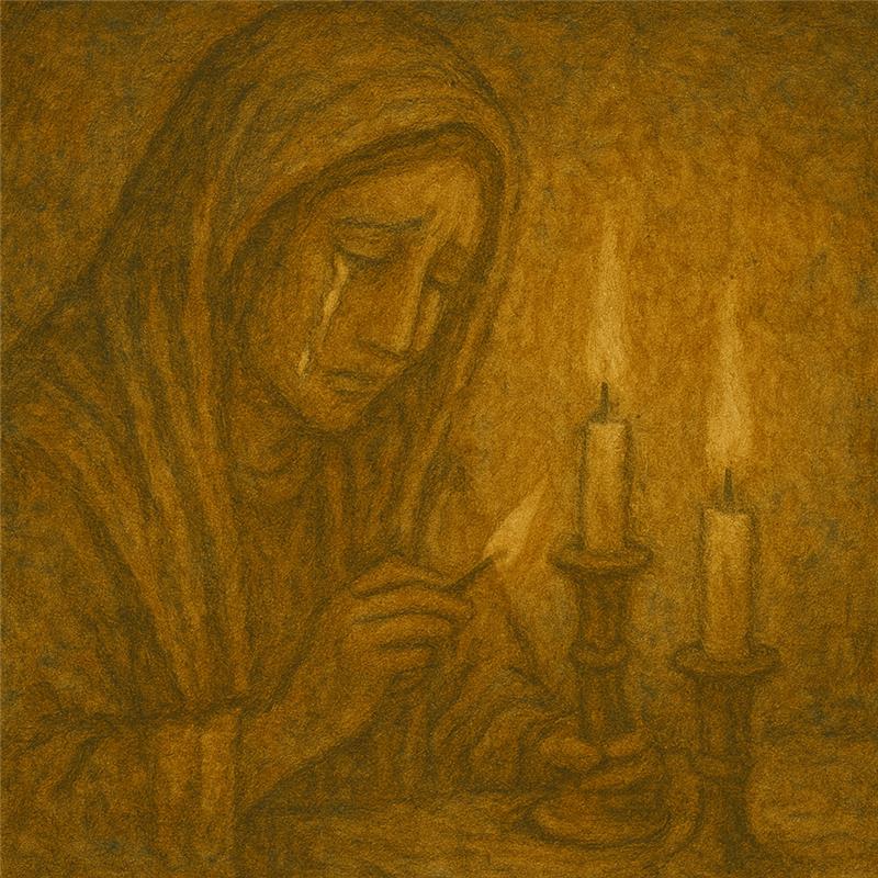 Jewish mother lighting yahrzeit candles with tears