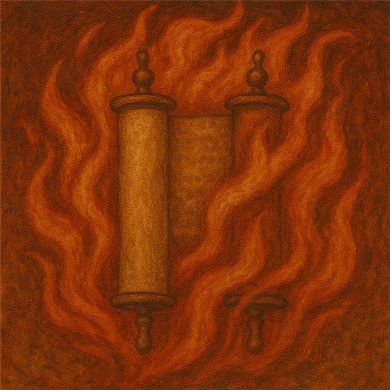 Torah scroll wrapped in flames representing martyrdom