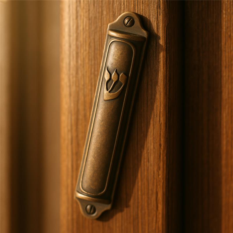 Traditional bronze mezuzah on wooden doorpost for Jewish prayer protection.
