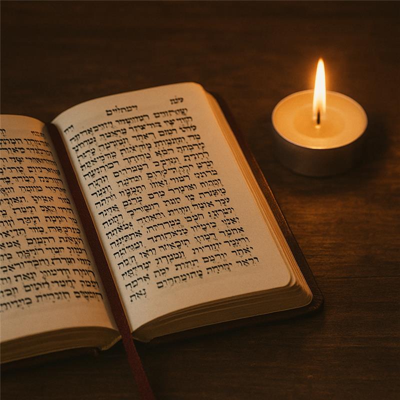 Open book of Tehillim with ribbon bookmark on wooden table beside yahrzeit candle, symbolizing daily prayer practice